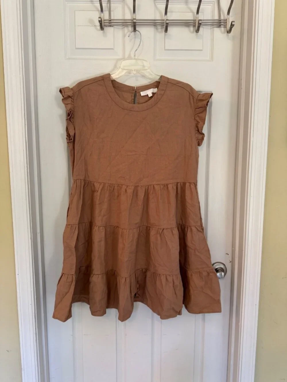 Adyson Parker Linen Blend Cap Sleeve Brown Baby Doll Mini Dress Size Medium - Picture 2 of 11